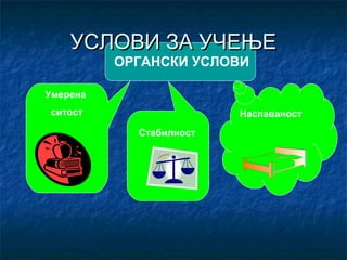 УСЛОВИ ЗА УЧЕЊЕУСЛОВИ ЗА УЧЕЊЕ
ОРГАНСКИ УСЛОВИ
Умерена
ситост
Стабилност
Наспаваност
 