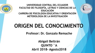UNIVERSIDAD CENTRAL DEL ECUADOR
FACULTAD DE FILOSOFÍA, LETRAS Y CIENCIAS DE LA
EDUCACIÓN
CARRERA DE PSICOLOGÍA EDUCATIVA Y ORIENTACIÓN
METODOLOGÍA DE LA INVESTIGACIÓN
ORIGEN DEL CONOCIMIENTO
Profesor: Dr. Gonzalo Remache
Abigail Beltrán
QUINTO ¨A
Abril 2018- Agosto2018
 