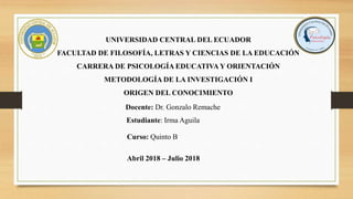 UNIVERSIDAD CENTRAL DEL ECUADOR
FACULTAD DE FILOSOFÍA, LETRAS Y CIENCIAS DE LA EDUCACIÓN
CARRERA DE PSICOLOGÍA EDUCATIVA Y ORIENTACIÓN
METODOLOGÍA DE LA INVESTIGACIÓN I
ORIGEN DEL CONOCIMIENTO
Estudiante: Irma Aguila
Curso: Quinto B
Docente: Dr. Gonzalo Remache
Abril 2018 – Julio 2018
 