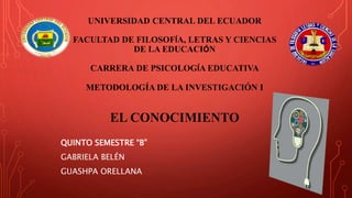 UNIVERSIDAD CENTRAL DEL ECUADOR
FACULTAD DE FILOSOFÍA, LETRAS Y CIENCIAS
DE LA EDUCACIÓN
CARRERA DE PSICOLOGÍA EDUCATIVA
METODOLOGÍA DE LA INVESTIGACIÓN I
EL CONOCIMIENTO
QUINTO SEMESTRE “B”
GABRIELA BELÉN
GUASHPA ORELLANA
 