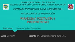 UNIVERSIDAD CENTRAL DEL ECUADOR
FACULTAD DE FILOSOFÍA, LETRAS Y CIENCIAS DE LA EDUCACIÓN
CARRERA DE PSICOLOGÍA EDUCATIVA Y ORIENTANCIÓN
METODOLOGÍA DE LA INVESTIGACIÓN
PARADIGMA POSITIVISTA Y
INTERPRETATIVO
Estudiante: Dayana Carolina Estacio Vera
Curso: Quinto “A” Docente: Dr. Gonzalo Remache Bunci MSc.
 