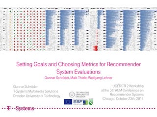 Setting Goals and Choosing Metrics for Recommender
                   System Evaluations
                     Gunnar Schröder, Maik Thiele, Wolfgang Lehner

Gunnar Schröder                                                    UCERSTI 2 Workshop
T-Systems Multimedia Solutions                            at the 5th ACM Conference on
Dresden University of Technology                                 Recommender Systems
                                                           Chicago, October 23th, 2011
 