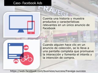 Caso- Facebook Ads
Cuenta una historia y muestra
productos y características
relevantes en un único anuncio de
Facebook
https://web.facebook.com/business/success/fravega-success
Cuando alguien hace clic en un
anuncio de colección, se lo lleva a
una pantalla completa que promueve
la interacción y fomenta el interés y
la intención de compra.
 