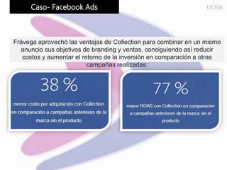 Caso- Facebook Ads
Frávega aprovechó las ventajas de Collection para combinar en un mismo
anuncio sus objetivos de branding y ventas, consiguiendo así reducir
costos y aumentar el retorno de la inversión en comparación a otras
campañas realizadas:
 