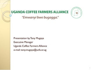 Presentation by Tony Mugoya
Executive Manager
Uganda Coffee Farmers Alliance
e-mail: tony.mugoya@ucfa.or.ug




                                 1
 