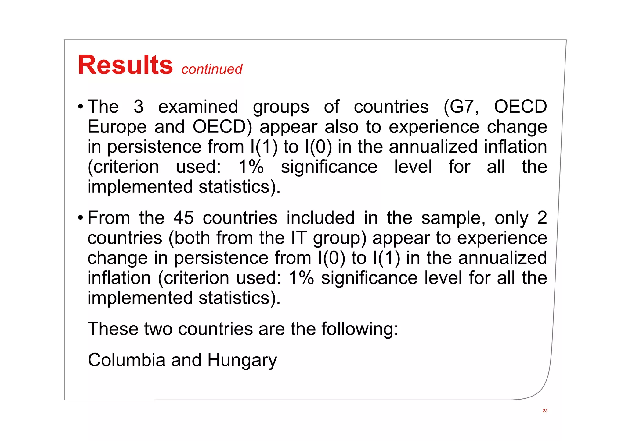 23
Results continued
• The 3 examined groups of countries (G7, OECD
Europe and OECD) appear also to experience change
in persistence from I(1) to I(0) in the annualized inflation
(criterion used: 1% significance level for all the
implemented statistics).
• From the 45 countries included in the sample, only 2
countries (both from the IT group) appear to experience
change in persistence from I(0) to I(1) in the annualized
inflation (criterion used: 1% significance level for all the
implemented statistics).
These two countries are the following:
Columbia and Hungary
 