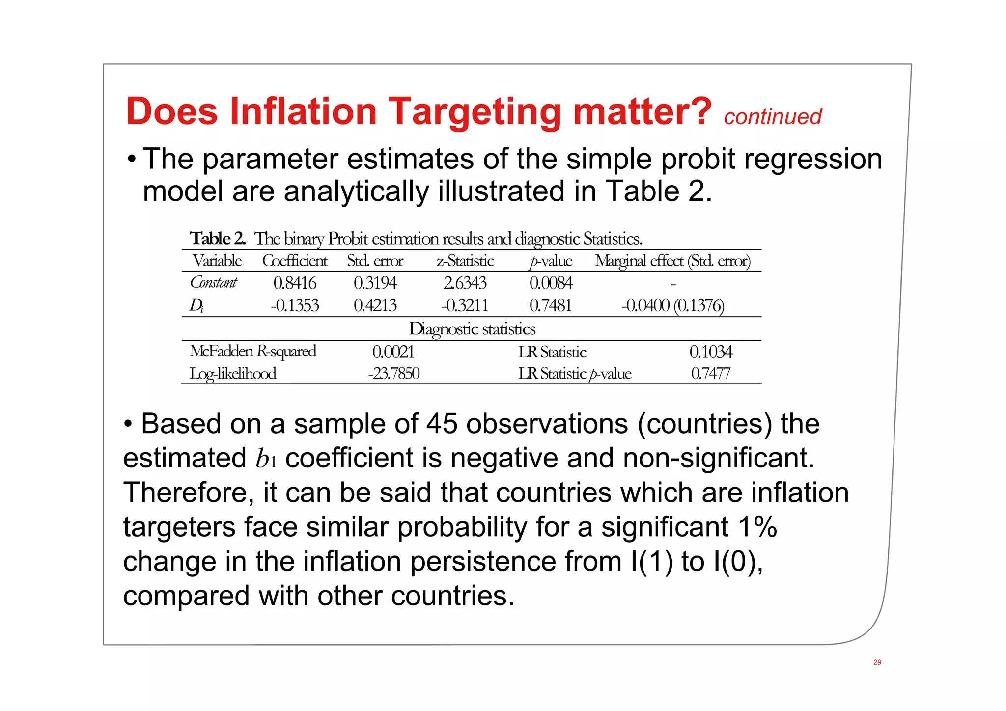 29
Does Inflation Targeting matter? continued
• The parameter estimates of the simple probit regression
model are analytically illustrated in Table 2.
Table2. ThebinaryProbit estimationresultsanddiagnosticStatistics.
Variable Coefficient Std. error z-Statistic p-value Marginal effect(Std. error)
Constant 0.8416 0.3194 2.6343 0.0084 -
Di -0.1353 0.4213 -0.3211 0.7481 -0.0400(0.1376)
Diagnosticstatistics
McFaddenR-squared 0.0021 LRStatistic 0.1034
Log-likelihood -23.7850 LRStatisticp-value 0.7477
• Based on a sample of 45 observations (countries) the
estimated b1 coefficient is negative and non-significant.
Therefore, it can be said that countries which are inflation
targeters face similar probability for a significant 1%
change in the inflation persistence from I(1) to I(0),
compared with other countries.
 