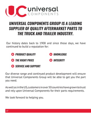 Our history dates back to 1908 and since those days, we have
continued to build a reputation for:
PRODUCT QUALITY
THE RIGHT PRICE
SERVICE AND SUPPORT
KNOWLEDGE
INTEGRITY
UNIVERSAL COMPONENTS GROUP IS A LEADING
SUPPLIER OF QUALITY AFTERMARKET PARTS TO
THE TRUCK AND TRAILER INDUSTRY.
Our diverse range and continued product development will ensure
that Universal Components Group will be able to get you the part
you need.
AswellasintheUS,customersinover50countrieshavegrowntotrust
and rely upon Universal Components for their parts requirements.
We look forward to helping you.
17
 