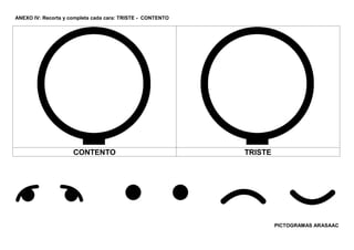 ANEXO IV: Recorta y completa cada cara: TRISTE - CONTENTO
CONTENTO TRISTE
PICTOGRAMAS ARASAAC
 