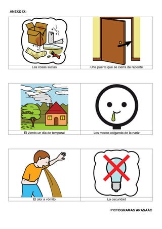 ANEXO IX:
Las cosas sucias Una puerta que se cierra de repente
El viento un día de temporal Los mocos colgando de la nariz
El olor a vómito La oscuridad
PICTOGRAMAS ARASAAC
 