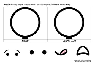 ANEXO X: Recorta y completa cada cara: MIEDO – DESAGRADO (NO TE OLVIDES DE PINTAR LA “X”)
MIEDO DESAGRADO
PICTOGRAMAS ARASAAC
 