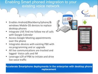 Enabling Smart phoned integration to your existing voice network Enables Android/Blackberry/iphone/& windows Mobile OS devices to replace desktop phones Integrate LIVE find me follow me of calls with Google Calendar Access Google Meeting appointments over the phone Integrates devices with existing PBX with no programming and or upgrade All live communications are tracked and logged- Voice calls and IM Leverage LCR of PBX to initiate and drive live voice traffic Accelerate Smartphone deployments in the enterprise with desktop phone replacement 