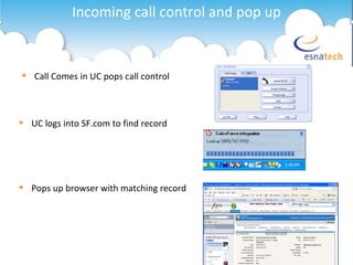 Incoming call control and pop up Call Comes in UC pops call control UC logs into SF.com to find record Pops up browser with matching record 