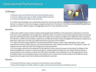 Simplify CommunicationsSlide 7Click to CommunicateFind the right person at the right time with “Presence” Transition seamlessly between email, IM, voice, and videoEmail/voicemail/fax into a single inbox with UMEnhance Collaboration with ConferencingIn House A/V/Web conferencing with Office integrationBring together geographically dispersed teamsProvide rich secure eLearning environment“Anywhere access” from Mobile DevicesUse a familiar Outlook experience on mobile devicesMulti lingual Voice Access to OutlookProvide “VPN-less” access to e-mail, IM and Sharepoint 