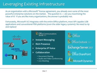 Communicator Mobile extends the reach of Office Communications Server 2007 to mobile devices, enabling real-time communication between the plant and field representatives and allowing mobile workers to see presence information, initiate voice-over-Internet protocol (VoIP) conversations and view contacts’ schedule information. 