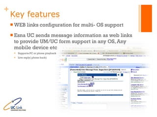 WEB links configuration for multi- OS support Esna UC sends message information as web links to provide UM/UC form support in any OS, Any mobile device etc Supports PC or phone playback Live reply( phone back) 
