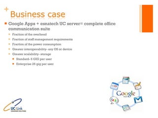 Google Apps + esnatech UC server= complete office communication suite  Fraction of the overhead Fraction of staff management requirements Fraction of the power consumption Greater interoperability- any OS or device Greater scalability- storage  Standard- 6 GIG per user Enterprise 26 gig per user 