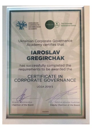 UCGA - CERTIFICATE IN CORPORATE GOVERNANCE - IAROSLAV GREGIRCHAK