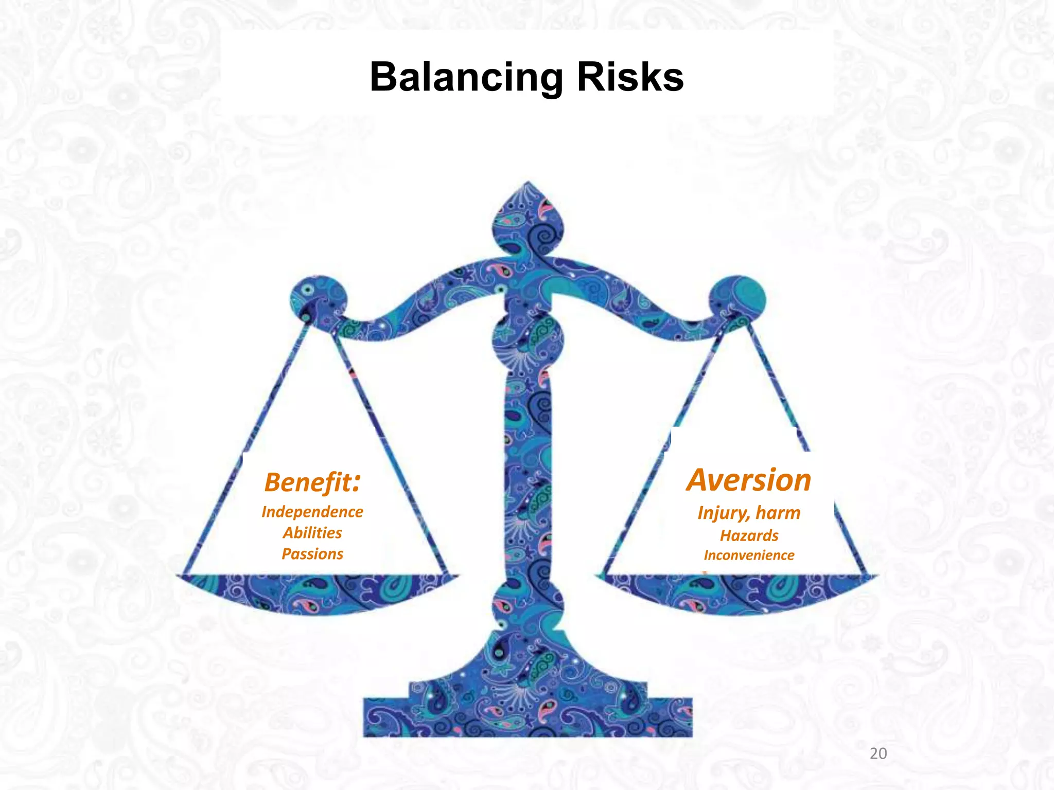 Balancing Risks




Benefit:                         Aversion
Independence                     Injury, harm
   Abilities                        Hazards
   Passions                       Inconvenience




                                                  20
 