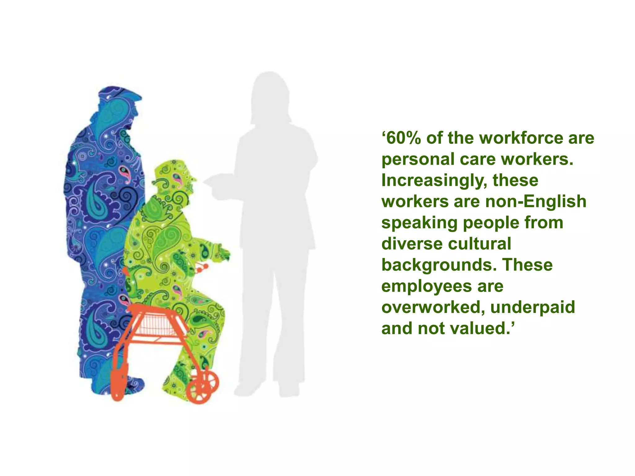‘60% of the workforce are
personal care workers.
Increasingly, these
workers are non-English
speaking people from
diverse cultural
backgrounds. These
employees are
overworked, underpaid
and not valued.’
 