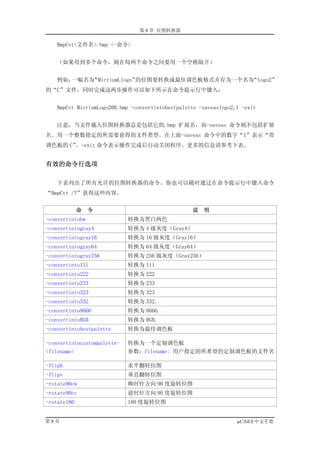 第 8 章 位图转换器

   BmpCvt<文件名>.bmp <-命令>


   （如果用到多个命令，则在每两个命令之间要用一个空格隔开）


   例如，一幅名为“MicriumLlogo”的位图要转换成最佳调色板格式并存为一个名为“logo2”
的“C”文件，同时完成这两步操作可以如下所示在命令提示行中键入：


   BmpCvt MicriumLogo200.bmp -convertintobestpalette -saveaslogo2,1 -exit


   注意，当文件载入位图转换器总是包括它的.bmp 扩展名，而-saveas 命令则不包括扩展
名。用一个整数指定的所需要获得的文件类型。在上面-saveas 命令中的数字“1”表示“带
调色板的 C”。-exit 命令表示操作完成后自动关闭程序。更多的信息请参考下表。


有效的命令行选项

   下表列出了所有允许的位图转换器的命令。你也可以随时通过在命令提示行中键入命令
“BmpCvt /?”获得这些内容。


             命   令                                说   明
-convertintobw               转换为黑白两色
-convertintogray4            转换为 4 级灰度（Gray4）
-convertintogray16           转换为 16 级灰度（Gray16）
-convertintogray64           转换为 64 级灰度（Gray64）
-convertintogray256          转换为 256 级灰度（Gray256）
-convertinto111              转换为 111
-convertinto222              转换为 222
-convertinto233              转换为 233
-convertinto323              转换为 323
-convertinto332              转换为 332.
-convertinto8666             转换为 8666.
-convertintoRGB              转换为 RGB.
-convertintobestpalette      转换为最佳调色板

-convertintocustompalette-   转换为一个定制调色板
<filename>                   参数：filename: 用户指定的所希望的定制调色板的文件名

-fliph                       水平翻转位图
-flipv                       垂直翻转位图
-rotate90cw                  顺时针方向 90 度旋转位图
-rotate90cc                  逆时针方向 90 度旋转位图
-rotate180                   180 度旋转位图


第8页                                                               µC/GUI 中文手册
 
