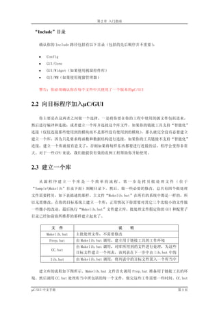 第 2 章 入门指南


“Include”目录

   确认你的 Include 路径包括有以下目录（包括的先后顺序并不重要）：


   •   Config
   •   GUI/Core
   •   GUI/Widget（如果使用视窗控件库）
   •   GUI/WM（如果使用视窗管理器）


   警告：你必须确认你在每个文件中只使用了一个版本的µC/GUI


2.2 向目标程序加入µC/GUI

   你主要是在这两者之间做一个选择，一是将你要在你的工程中使用的源文件包括进来，
然后进行编译和连接；或者建立一个库并连接这个库文件。如果你的链接工具支持“智能化”
连接（仅仅连接那些使用到的模块而不是那些没有使用到的模块），那么就完全没有必要建立
建立一个库，因为只是要求将函数和数据结构进行连接。如果你的工具链接不支持“智能化”
连接，建立一个库就很有意义了，否则如果将每样东西都要进行连接的话，程序会变得非常
大。对于一些 CPU 来说，我们能提供有效的范例工程帮助你开始使用。


2.3 建立一个库

   从源程序建立一个库是一个简单的流程。第一步是拷贝批处理文件（位于
“SampleMakelib”目录下面）到根目录下。然后，做一些必要的修改。总共有四个批处理
文件需要拷贝，如下表描述的那样。主文件“Makelib.bat”在所有的系统中都是一样的，所
以无需修改。在你的目标系统上建立一个库，正常情况下你需要对其它三个比较小的文件做
一些微小的改动。最后执行“Makelib.bat”文件建立库。批处理文件假定你的 GUI 和配置子
目录已经如前面所推荐的那样建立起来了。


         文      件                   说    明
       Makelib.bat   主批处理文件，不需要修改
        Prep.bat     由 Makelib.bat 调用，建立用于链接工具的工作环境
                     由 Makelib.bat 调用，对库所用到的文件进行处理，为这些
         CC.bat
                     目标文件建立一个列表，该列表在下一步中由 lib.bat 中的
         lib.bat     由 Makelib.bat 调用，将列表中的目标文件置入一个库当中


   建立库的流程如下图所示。Makelib.bat 文件首先调用 Prep.bat 准备用于链接工具的环
境。然后调用 CC.bat 处理库当中所包括的每一个文件，做完这些工作需要一些时间。CC.bat

µC/GUI 中文手册                                              第3页
 