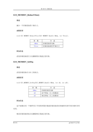 第 10 章 存储设备



GUI_MEMDEV_ReduceYSize()

   描述


   减小一个存储设备的 Y 轴尺寸。


   函数原型


   void GUI MEMDEV ReduceYSize(GUI MEMDEV Handle hMem, int YSize);


                       参     数             含   意
                         hMem      存储设备的句柄
                         YSize     存储设备新的 Y 轴尺寸


   附加信息


   改变存储设备的尺寸比删除然后重建它更有效。


GUI_MEMDEV_SetOrg

   描述


   改变存储设备在 LCD 上的原点。


   函数原型


   void GUI_MEMDEV_SetOrg(GUI_MEMDEV_Handle hMem, int x0, int y0);


                     参     数               含   意
                      hMem       存储设备的句柄
                       x0        水平坐标（左上角像素）
                       y0        垂直坐标（左上角像素）


   附加信息


   这个函数在同一个器件用于不同的屏幕区域或存储设备的内容被拷贝到不同区域时非常
有用。


   修改存储设备的原点比删除然后重建它更有效。




第8页                                                                  µC/GUI 中文手册
 