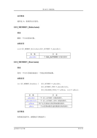 第 10 章 存储设备



   返回数值


   通常是 0，保留供以后使用。


GUI_MEMDEV_DeleteAuto()

   描述


   删除一个自动设备对象。


   函数原型


   void GUI_MEMDEV_DeleteAuto(GUI_AUTODEV * pAutoDev);


                  参      数                 含   意
                 pAutoDev       一个 GUI_AUTODEV 对象的指针

GUI_MEMDEV_DrawAuto()

   描述


   使用一个分片存储设备执行一个指定的绘图函数。


   函数原型


   int GUI_MEMDEV_DrawAuto (   GUI_AUTODEV * pAutoDev,
                               GUI_AUTODEV_INFO * pAutoDevInfo,
                               GUI_CALLBACK_VOID_P * pfDraw, void * pData);


                 参    数                    含   意
                pAutoDev     一个 GUI_AUTODEV 对象的指针。
              pAutoDevInfo   一个 GUI_AUTODEV_INFO 对象的指针。
                 pfDraw      用户定义要执行的绘图函数的指针。
                 pData       一个由绘图函数传递的数据结构的指针。


   返回数值


   如果成功返回 0，函数执行失败返回 1




µC/GUI 中文手册                                                              第 15 页
 