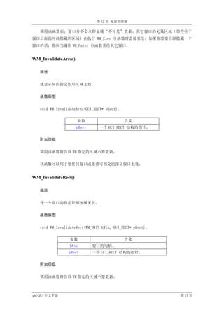 第 12 章 视窗管理器

   调用该函数后，窗口并不会立即显现“不可见”效果。其它窗口的无效区域（那些位于
窗口后面的应该隐藏的区域）在执行 WM_Exec ()函数时会被重绘。如果你需要立即隐藏一个
窗口的话，你应当调用 WM_Paint ()函数重绘其它窗口。


WM_InvalidateArea()

   描述


   使显示屏的指定矩形区域无效。


   函数原型


   void WM_InvalidateArea(GUI_RECT* pRect);


                      参数                      含义
                      pRect      一个 GUI_RECT 结构的指针。


   附加信息


   调用该函数将告诉 WM 指定的区域不要更新。


   该函数可以用于使任何窗口或重叠可相交的部分窗口无效。


WM_InvalidateRect()

   描述


   使一个窗口的指定矩形区域无效。


   函数原型


   void WM_InvalidateRect(WM_HWIN hWin, GUI_RECT* pRect);


                  参数                          含义
                  hWin        窗口的句柄。
                 pRect        一个 GUI_RECT 结构的指针。


   附加信息


   调用该函数将告诉 WM 指定的区域不要更新。



µC/GUI 中文手册                                                 第 15 页
 