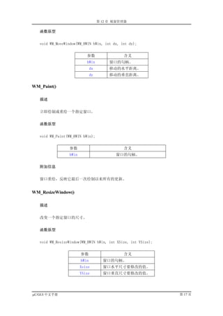 第 12 章 视窗管理器

   函数原型


   void WM_MoveWindow(WM_HWIN hWin, int dx, int dy);


                            参数                 含义
                            hWin          窗口的句柄。
                                dx        移动的水平距离。
                                dy        移动的垂直距离。

WM_Paint()

   描述


   立即绘制或重绘一个指定窗口。


   函数原型


   void WM_Paint(WM_HWIN hWin);


                  参数                           含义
                  hWin                      窗口的句柄。


   附加信息


   窗口重绘，反映它最后一次绘制以来所有的更新。


WM_ResizeWindow()

   描述


   改变一个指定窗口的尺寸。


   函数原型


   void WM_ResizeWindow(WM_HWIN hWin, int XSize, int YSize);


                         参数                    含义
                         hWin          窗口的句柄。
                         Xsize         窗口水平尺寸要修改的值。
                         YSize         窗口垂直尺寸要修改的值。




µC/GUI 中文手册                                                    第 17 页
 