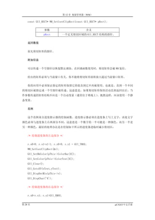 第 12 章 视窗管理器（WM）

    const GUI_RECT* WM_SetUserClipRect(const GUI_RECT* pRect);


                   参数                         含义
               pRect            一个定义剪切区域的 GUI_RECT 结构的指针。


    返回数值


    原先剪切矩形的指针。


    附加信息


    可以传递一个空指针以恢复默认调协。在回调函数使用时，剪切矩形会被 WM 复位。


    给出的矩形必须与当前窗口有关。你不能将剪切矩形面积放大超过当前窗口矩形。


    你的应用中必须保证指定的矩形保留它的值直到它不再被使用。也就是，直到一个不同
的剪切区被指定或一个空指针被传递。这意思是，如果剪切矩形保持活动直到返回以后，当
作参数传递的矩形结构不应是一个自动变量（通常位于堆栈上）。既然这样，应该使用一个静
态变量。


    范例


    这个范例来自进度指示器的绘制函数。进度指示器必须在进度条上写上文字，该处文字
颜色必须与进度条左右两部分不同。这意思是一个数字的一半可能是一种颜色，而另一半是
另一种颜色。最好的处理办法是在绘制如下所示的进度条进临时减小剪切区：


    /* 绘制进度条的左边部分 */


    r.x0=0; r.x1=x1-1; r.y0=0; r.y1 = GUI_YMAX;
    WM_SetUserClipRect(&r);
    GUI_SetBkColor(pThis->ColorBar[0]);
    GUI_SetColor(pThis->ColorText[0]);
    GUI_Clear();
    GUI_GotoXY(xText,yText);
    GUI_DispDecMin(pThis->v);
    GUI_DispChar('%');


    /* 绘制进度条的右边部分 */


    r.x0=r.x1; r.x1=GUI_XMAX;


第 28 页                                                           µC/GUI 中文手册
 