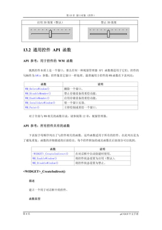第 13 章 窗口对象（控件）

         启用 3D 效果（默认）                           禁止 3D 效果




13.2 通用控件 API 函数

API 参考：用于控件的 WM 函数

   既然控件本质上是一个窗口，那么任何一种视窗管理器 API 函数都适用于它们。控件的
句柄作为 hWin 参数，控件象其它窗口一样处理。最普遍用于控件的 WM 函数在下表列出：


              函数                               说明
 WM_DeleteWindow()         删除一个窗口。
 WM_DisableMemdev()        禁止存储设备的重绘功能。
 WM_EnableMemdev()         启用存储设备的重绘功能。
 WM_InvalidateWindow()     使一个窗口无效。
 WM_Paint()                立即绘制或重绘一个窗口。


   对于全部与 WM 相关的函数目录，请参阅第 12 章：视窗管理器。


API 参考：所有控件共有的函数

   下表按字母顺序列出了与控件相关的函数。这些函数适用于所有的控件。在此列出是为
了避免重复。函数的详细描述的后面给出。每个控件附加的成员函数在后面部分可以找到。


                     函数                        说明
      <WIDGET>_CreateIndirect()   在对话框中自动创建时使用。
      WM_EnableWindow()           将控件状态设置为启用（默认）。
      WM_DisableWindow()          将控件状态设置为禁止。

<WIDGET>_CreateIndirect()

   描述


   建立一个用于对话框中的控件。


   函数原型




第4页                                                        µC/GUI 中文手册
 