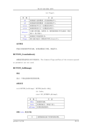 第 13 章 窗口对象（控件）

                                                int Flags);


           参       数                              含   意
              x0        按钮最左边的像素（在桌面座标中）。
              y0        按钮最顶部的像素（在桌面座标中）。
           xsize        按钮的水平尺寸（以像素为单位）。
           ysize        按钮的垂直尺寸（以像素为单位）。
                        父窗口的句柄。如果为 0，新的按钮窗口作为桌面（顶层
          hParent
                        窗口）的子窗口。
              ID        按钮按下时返回的 ID。
           Flags        窗口建立标识（参阅 BUTTON_Create()）。


   返回数值


   所建立的按钮控件的句柄，如果函数执行失败，则返回 0。


BUTTON_CreateIndirect()

   函数原型的说明在本章开始部分。The elements Flags and Para of the resource passed
as parameter are not used.


BUTTON_SetBitmap()

   描述


   显示一个指定按钮时使用的位图。


   函数原型


   void BUTTON_SetBitmap( BUTTON_Handle hObj,
                                   int Index,
                                   const GUI_BITMAP* pBitmap);


                       参       数                  含   意
                        hObj        按钮的句柄。
                        Index       位图的索引（参阅下表）。
                       pBitmap      位图结构的指针。


   参数 Index 的允许值


                           0         设置按钮未按下时使用的位图。

µC/GUI 中文手册                                                      第9页
 