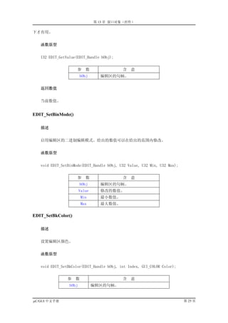 第 13 章 窗口对象（控件）

下才有用。


   函数原型


   I32 EDIT_GetValue(EDIT_Handle hObj);


                     参     数               含   意
                        hObj      编辑区的句柄。


   返回数值


   当前数值。


EDIT_SetBinMode()

   描述


   启用编辑区的二进制编辑模式。给出的数值可以在给出的范围内修改。


   函数原型


   void EDIT_SetBinMode(EDIT_Handle hObj, U32 Value, U32 Min, U32 Max);


                     参     数               含   意
                        hObj      编辑区的句柄。
                        Value     修改的数值。
                         Min      最小数值。
                         Max      最大数值。

EDIT_SetBkColor()

   描述


   设置编辑区颜色。


   函数原型


   void EDIT_SetBkColor(EDIT_Handle hObj, int Index, GUI_COLOR Color);


                参   数                      含   意
                 hObj           编辑区的句柄。


µC/GUI 中文手册                                                               第 25 页
 