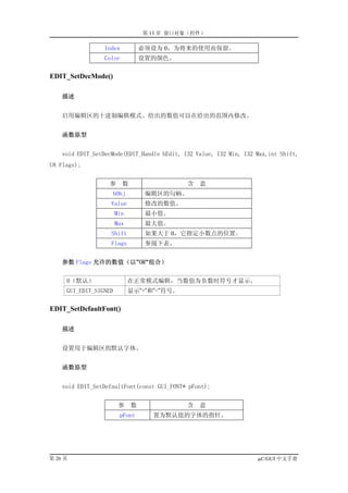 第 13 章 窗口对象（控件）

                  Index           必须设为 0，为将来的使用而保留。
                  Color           设置的颜色。

EDIT_SetDecMode()

    描述


    启用编辑区的十进制编辑模式。给出的数值可以在给出的范围内修改。


    函数原型


    void EDIT_SetDecMode(EDIT_Handle hEdit, I32 Value, I32 Min, I32 Max,int Shift,
U8 Flags);


                   参      数                  含   意
                    hObj           编辑区的句柄。
                    Value          修改的数值。
                       Min         最小值。
                       Max         最大值。
                    Shift          如果大于 0，它指定小数点的位置。
                    Flags          参阅下表。


    参数 Flags 允许的数值（以”OR”组合）


     0（默认）                   在正常模式编辑，当数值为负数时符号才显示。
     GUI_EDIT_SIGNED         显示”+”和”-”符号。

EDIT_SetDefaultFont()

    描述


    设置用于编辑区的默认字体。


    函数原型


    void EDIT_SetDefaultFont(const GUI_FONT* pFont);


                        参     数              含   意
                        pFont       置为默认值的字体的指针。




第 26 页                                                              µC/GUI 中文手册
 