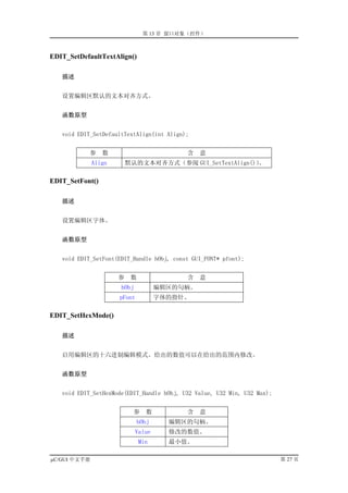 第 13 章 窗口对象（控件）



EDIT_SetDefaultTextAlign()

   描述


   设置编辑区默认的文本对齐方式。


   函数原型


   void EDIT_SetDefaultTextAlign(int Align);


            参    数                         含   意
              Align       默认的文本对齐方式（参阅 GUI_SetTextAlign()）。

EDIT_SetFont()

   描述


   设置编辑区字体。


   函数原型


   void EDIT_SetFont(EDIT_Handle hObj, const GUI_FONT* pfont);


                      参    数               含   意
                      hObj           编辑区的句柄。
                      pFont          字体的指针。

EDIT_SetHexMode()

   描述


   启用编辑区的十六进制编辑模式。给出的数值可以在给出的范围内修改。


   函数原型


   void EDIT_SetHexMode(EDIT_Handle hObj, U32 Value, U32 Min, U32 Max);


                            参    数         含   意
                              hObj     编辑区的句柄。
                             Value     修改的数值。
                               Min     最小值。

µC/GUI 中文手册                                                               第 27 页
 