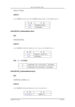 第 13 章 窗口对象（控件）

   设置客户区的颜色。


   函数原型


   void FRAMEWIN_SetClientColor(FRAMEWIN_Handle hObj, GUI_COLOR Color);


                        参      数           含   意
                           hObj     框架窗口的句柄。
                           Color    设置的颜色。

FRAMEWIN_SetDefaultBarColor()

   描述


   设置标题栏的颜色。


   函数原型


   void FRAMEWIN_SetDefaultBarColor(int Index, GUI_COLOR Color);


                       参    数              含   意
                       Index       颜色索引（参阅下表）。
                       Color       设置的颜色。


   参数 Index 允许的数值


                0       设置框架窗口处于非活动状态时，使用的颜色。
                1       设置框架窗口处于活动状态时，使用的颜色。


FRAMEWIN_SetDefaultBorderSize()

   描述


   设置框架窗口边框默认尺寸。


   函数原型


   void FRAMEWIN_SetDefaultBorderSize(int BorderSize);


                       参    数              含   意
                     BorderSize         设置的尺寸。


µC/GUI 中文手册                                                               第 39 页
 