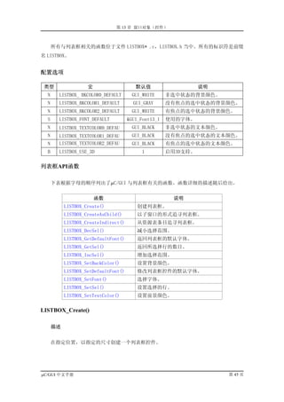 第 13 章 窗口对象（控件）



      所有与列表框相关的函数位于文件 LISTBOX* .c，LISTBOX.h 当中。所有的标识符是前缀
名 LISTBOX。


配置选项

 类型                 宏                    默认值                    说明
  N     LISTBOX_ BKCOLOR0_DEFAULT       GUI_WHITE     非选中状态的背景颜色。
  N     LISTBOX_BKCOLOR1_DEFAULT        GUI_GRAY      没有焦点的选中状态的背景颜色。
  N     LISTBOX_BKCOLOR2_DEFAULT        GUI_WHITE     有焦点的选中状态的背景颜色。
  S     LISTBOX_FONT_DEFAULT          &GUI_Font13_1   使用的字体。
  N     LISTBOX_TEXTCOLOR0_DEFAU        GUI_BLACK     非选中状态的文本颜色。
  N     LISTBOX_TEXTCOLOR1_DEFAU        GUI_BLACK     没有焦点的选中状态的文本颜色。
  N     LISTBOX_TEXTCOLOR2_DEFAU        GUI_BLACK     有焦点的选中状态的文本颜色。
  B     LISTBOX_USE_3D                     1          启用3D支持。

列表框API函数

      下表根据字母的顺序列出了µC/GUI 与列表框有关的函数。函数详细的描述随后给出。


                        函数                             说明
           LISTBOX_Create()               创建列表框。
           LISTBOX_CreateAsChild()        以子窗口的形式追寻列表框。
           LISTBOX_CreateIndirect()       从资源表条目追寻列表框。
           LISTBOX_DecSel()               减小选择范围。
           LISTBOX_GetDefaultFont()       返回列表框的默认字体。
           LISTBOX_GetSel()               返回所选择行的数目。
           LISTBOX_IncSel()               增加选择范围。
           LISTBOX_SetBackColor()         设置背景颜色。
           LISTBOX_SetDefaultFont()       修改列表框控件的默认字体。
           LISTBOX_SetFont()              选择字体。
           LISTBOX_SetSel()               设置选择的行。
           LISTBOX_SetTextColor()         设置前景颜色。

LISTBOX_Create()

      描述


      在指定位置，以指定的尺寸创建一个列表框控件。




µC/GUI 中文手册                                                          第 45 页
 