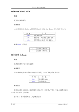 第 13 章 窗口对象（控件）


PROGBAR_SetBarColor()

    描述


    设置进度条的颜色。


    函数原型


    void PROGBAR_SetBarColor(PROGBAR_Handle hObj, int Index, GUI_COLOR Color);


                     参   数                 含   意
                      hObj        进度条的句柄。
                     Index        参阅下表。其它数值是不允许的。
                     Color        设置的颜色（24 位 RGB 数值）。


    参数 Index 允许的值


                              0       进度条左侧部分。
                              1       进度条右侧部分。

PROGBAR_SetFont()

    描述


    选择进度条当中显示文本的字体。


    函数原型


    void PROGBAR_SetFont(PROGBAR_Handle hObj, const GUI_FONT* pFont);


                             参    数        含   意
                             hObj      进度条的句柄。
                             pFont     字体的指针。


    附加信息


    如果该函数没有被调用，将使用进度条默认字体（GUI 默认字体）。不过，进度默认字体
可以在 GUIConf.h 文件中修改。


    如下所示，简单地用”#define”定义默认字体：




第 58 页                                                             µC/GUI 中文手册
 