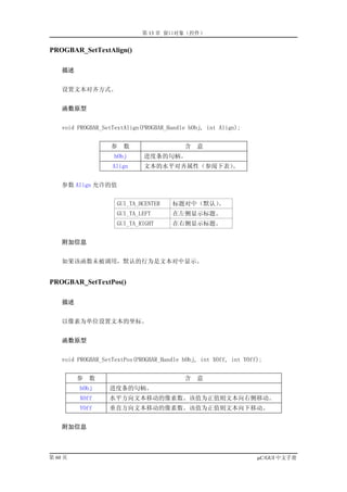 第 13 章 窗口对象（控件）


PROGBAR_SetTextAlign()

    描述


    设置文本对齐方式。


    函数原型


    void PROGBAR_SetTextAlign(PROGBAR_Handle hObj, int Align);


                    参   数                  含   意
                    hObj      进度条的句柄。
                    Align     文本的水平对齐属性（参阅下表）。


    参数 Align 允许的值


                     GUI_TA_HCENTER    标题对中（默认）。
                     GUI_TA_LEFT       在左侧显示标题。
                     GUI_TA_RIGHT      在右侧显示标题。


    附加信息


    如果该函数未被调用，默认的行为是文本对中显示。


PROGBAR_SetTextPos()

    描述


    以像素为单位设置文本的坐标。


    函数原型


    void PROGBAR_SetTextPos(PROGBAR_Handle hObj, int XOff, int YOff);


         参   数                             含   意
         hObj      进度条的句柄。
         XOff      水平方向文本移动的像素数。该值为正值则文本向右侧移动。
         YOff      垂直方向文本移动的像素数。该值为正值则文本向下移动。


    附加信息



第 60 页                                                             µC/GUI 中文手册
 