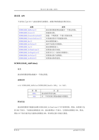 第 13 章 窗口对象（控件）



滚动条 API

    下表列出了µC/GUI 与滚动条相关函数的，函数详细的描述在稍后给出。


                  函数                                  说明
     SCROLLBAR_AddValue()           滚动条的数值增加或减少一个指定的值。
     SCROLLBAR_Create()             创建滚动条。
     SCROLLBAR_CreateAttached()     创建一个吸附到一个窗口的滚动条。
     SCROLLBAR_CreateIndirect()     从资源表条目中创建滚动条。
     SCROLLBAR_Dec()                滚动条数值减 1。
     SCROLLBAR_GetValue()           返回当前条目的数值。
     SCROLLBAR_Inc()                滚动条数值加 1。
     SCROLLBAR_SetNumItems()        设置滚动条目的值。
     SCROLLBAR_SetPageSize()        设置页尺寸（按条目的数量）。
     SCROLLBAR_SetValue()           设置滚动条当前数值。
     SCROLLBAR_SetWidth()           设置滚动条的宽度。

SCROLLBAR_AddValue()

    定义


    滚动条的数值增加或减少一个指定的值。


    函数原型


    void SCROLLBAR_AddValue(SCROLLBAR_Handle hObj, int Add);


                   参      数                 含   意
                       hObj    滚动条控件的句柄。
                       Add     在一个时间条目增加或减少的数值。


    附加信息


    滚动条的数值不能超过函数 SCROLLBAR_SetNumItems()当中设置的值。例如，如果窗口包
括 200 个条目，当前滚动条数值是 195，滚动条增加 3 个条目，它将移动到数值 198。然而，
增加 10 个条目最多也只能移动到数值 200，即该特定窗口的最大数值。




第 70 页                                                         µC/GUI 中文手册
 