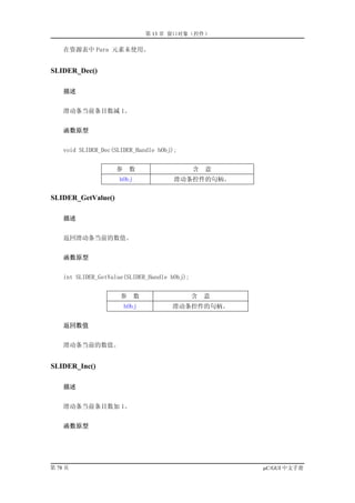 第 13 章 窗口对象（控件）

    在资源表中 Para 元素未使用。


SLIDER_Dec()

    描述


    滑动条当前条目数减 1。


    函数原型


    void SLIDER_Dec(SLIDER_Handle hObj);


                    参     数                    含   意
                     hObj              滑动条控件的句柄。

SLIDER_GetValue()

    描述


    返回滑动条当前的数值。


    函数原型


    int SLIDER_GetValue(SLIDER_Handle hObj);


                      参     数                  含   意
                        hObj          滑动条控件的句柄。


    返回数值


    滑动条当前的数值。


SLIDER_Inc()

    描述


    滑动条当前条目数加 1。


    函数原型




第 78 页                                                 µC/GUI 中文手册
 