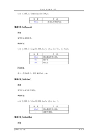 第 13 章 窗口对象（控件）

   void SLIDER_Inc(SLIDER_Handle hObj);


                     参       数             含   意
                      hObj             滑动条控件的句柄。

SLIDER_SetRange()

   描述


   设置滑动条的范围。


   函数原型


   void SLIDER_SetRange(SLIDER_Handle hObj, int Min, int Max);


                     参       数             含   意
                      hObj         滑动条控件的句柄。
                      Min          最小值
                      Max          最大值


   附加信息


   建立一个滑动条后，其默认值为 0～100。


SLIDER_SetValue()

   描述


   设置滑动条当前的数值。


   函数原型


   void SLIDER_SetValue(SLIDER_Handle hObj, int v);


                     参       数             含   意
                      hObj         滑动条控件的句柄。
                         v         设置的数值。

SLIDER_SetWidth()

   描述


µC/GUI 中文手册                                                      第 79 页
 