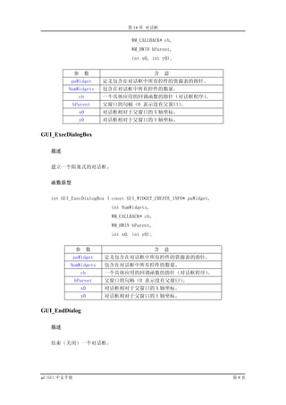 第 14 章 对话框

                                    WM_CALLBACK* cb,
                                    WM_HWIN hParent,
                                    int x0, int y0);


              参    数                            含   意
           paWidget        定义包含在对话框中所有控件的资源表的指针。
          NumWidgets       包含在对话框中所有控件的数量。
                  cb       一个具体应用的回调函数的指针（对话框程序）。
           hParent         父窗口的句柄（0 表示没有父窗口）。
                  x0       对话框相对于父窗口的 X 轴坐标。
                  y0       对话框相对于父窗口的 Y 轴坐标。

GUI_ExecDialogBox

   描述


   建立一个阻塞式的对话框。


   函数原型


   int GUI_ExecDialogBox ( const GUI_WIDGET_CREATE_INFO* paWidget,
                             int NumWidgets,
                             WM_CALLBACK* cb,
                             WM_HWIN hParent,
                             int x0, int y0);


               参       数                        含   意
              paWidget     定义包含在对话框中所有控件的资源表的指针。
          NumWidgets       包含在对话框中所有控件的数量。
                  cb       一个具体应用的回调函数的指针（对话框程序）。
              hParent      父窗口的句柄（0 表示没有父窗口）。
                  x0       对话框相对于父窗口的 X 轴坐标。
                  y0       对话框相对于父窗口的 Y 轴坐标。

GUI_EndDialog

   描述


   结束（关闭）一个对话框。




µC/GUI 中文手册                                                          第9页
 