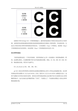 第 15 章 抗锯齿




               低质量
              （抗锯齿）
               2 bpp
              4 级阴影




                高质量
              （抗锯齿）
                4 bpp
              16 级阴影




   抗锯齿字体可以由µC/GUI 字体转换器建立。通常使用抗锯齿字体的目的是改善文字的外
观。虽然使用高质量抗锯齿的效果比低质量的抗锯齿更具视觉上的舒适性，但是相应的，它
也会占用更多的计算时间和消耗更多的内存。与非抗锯齿（1bpp）字体相比，低质量（2bpp）
字体消耗的内存是其两倍，而高质量（4bpp）字体消耗的内存是其 4 倍。


高分辨率座标

   当使用抗锯齿进行一个项目绘制时，使用的座标与正常（非抗锯齿）的绘图函数的一样
的，这是默认模式。在函数参数中你不必考虑抗锯齿系数。例如，从（50, 100）到（100, 50）
绘一条抗锯齿直线，程序应当这样写：


   GUI_AA_DrawLine(50, 100, 100, 50);


   µC/GUI 的高分辨率特性让你使用由抗锯齿系数和显示屏尺寸所决定的虚拟区域。高分辨
率座标必须由函数 GUI_AA_EnableHiRes 启动，使用 GUI_AA_DisableHiRes 函数进行显示。这
两个函数在本章的后面部分说明。使用高分辨率座标的优点是对象不仅可以放置在显示屏的
物理坐标中，也可以放在这些物理坐标“中间”
                    。下面展示了一个抗锯齿系数是 3 的高分辨率
像素虚拟区域。




µC/GUI 中文手册                                               第3页
 