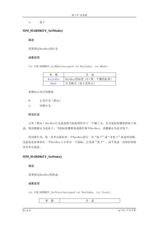 第 3 章 仿真器

    1：     按下


SIM_HARDKEY_SetMode()

    描述


    设置指定Hardkey的行为


    函数原型


    int SIM_HARDKEY_SetMode(unsigned int KeyIndex, int Mode);


                    参   数                   含   意
                 KeyIndex     Hardkey的标签（0＝第一个键的标签）
                    Mode      行为模式（如下表所示）


    参数Mode允许的数值


    0：     正常行为（默认）
    1：     切换行为


    附加信息


    正常（默认）Hardkey行为意思指当鼠标指针位于一个键上方，并且鼠标按键保持按下状
态，则该键被认为是按下。当鼠标按键释放或指针移开Hardkey，该键被认为是非按下。


    而切换行为，每一次单击鼠标对一个Hardkey进行一次“按下”或“非按下”状态的切换。
这意思是如果你在一个Hardkey上方单击一下鼠标，它变成“按下”，这个状态一直保持到你
再次单击鼠标。


SIM_HARDKEY_SetState()

    描述


    设置指定Hardkey的状态。


    函数原型


    int SIM_HARDKEY_SetState(unsigned int KeyIndex, int State);


                参   数                       含   意


第 14 页                                                            µC/GUI 中文手册
 