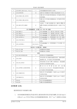 第 20 章 低层次配置

  F        LCD_WRITE_REG(Index, Data)       ---        向控制器配置寄存器写入内容。
  S        LCD_BUSWIDTH                     16         选择 LCD 控制器/CPU 的接口的总线宽度（8/16）。
                                                       切换 M/R 信号进行寄存器访问。并不适用于所有
  F        LCD_ENABLE_REG_ACCESS            ---
                                                       的控制器。
                                                       切换 M/R 信号进行存储器访问。并不适用于所有
  F        LCD_ENABLE_MEM_ACCESS            ---
                                                       的控制器。
                                                       在使用一个 16 位总线接口时，激活在 CPU 和
  B        LCD_SWAP_BYTE_ORDER               0         LCD 控制器之间的端模式的反转（高低字节交
                                                       换）。
                             LCD 控制器配置：公共极（行）/段（列）连线
  N        LCD_XORG<n>                       0         LCD controller <n>：最左边（最小的）X 坐标
  N        LCD_YORG<n>                       0         LCD controller <n>：最顶端（最小的）Y 坐标
  N        LCD_FIRSTSEG<n>                   0         LCD controller <n>：使用的第 1 段（列）连线。
  N        LCD_LASTSEG<n>               LCD_XSIZE-1 LCD controller <n>：使用的最后 1 段（列）连线。
                                                       LCD controller <n>：使用的第 1 个公共极（行）
  N        LCD_FIRSTCOM<n>                   0
                                                       连线。
                                                       LCD controller <n>：使用的最后 1 个公共极（行）
  N        LCD_LASTCOM<n>               LCD_YSIZE-1
                                                       连线。
                                      COM/SEG（公共极/段） 查询表
  A        LCD_LUT_COM                      ---        控制器 COM 查询表.
  A        LCD_LUT_SEG                      ---        控制器 SEG 查询表.
                                                  杂项
  N        LCD_NUM_CONTROLLERS               1         使用的 LCD 控制器的数量。
                                                       停用以禁止显示数据高速缓存使用，使驱动器的
  B        LCD_CACHE                         1
                                                       速度慢下来。并不适用于所有的控制器。
                                                       停用以禁止 BitBLT 引擎，如果设为 1，驱动器将
  B        LCD_USE_BITBLT                    1
                                                       使用所有有效的硬件加速度。
                                                       激 活 以 启 用 驱 动 器         API   函 数
  B        LCD_SUPPORT_CACHECONTROL          0         LCD_L0_ControlCache() 的高速缓存控制功能。
                                                       并不适用于所有的控制器。
                                                       使用 CPU 作为控制器时，为显示 pane 0 而用于
  N        LCD_TIMERINIT0                   ---
                                                       ISR 的计时值。
                                                       使用 CPU 作为控制器时，为显示 pane 1 而用于
  N        LCDTIMERINIT1                    ---
                                                       ISR 的计时值。
  F        LCD_ON                           ---        打开 LCD 的函数替换宏。
  F        LCD_OFF                          ---        切断 LCD 的函数替换宏。


如何配置 LCD。

   我们推荐使用下面的操作步骤：


      1.     对有相似配置的配置文件进行拷贝，
                            我们要对拷贝的文件进行编辑。在目录 Sample
             LCDConf xxx 中有几个特定 LCD 控制器的配置范例，其中“xxx”是你的 LCD 驱动


µC/GUI 中文手册                                                                           第3页
 