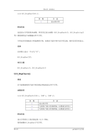 第 4 章 文本显示

   void GUI_DispChar(U16 c);


                             参       数       含    意
                                 c         显示的字符


   附加信息


   这是显示字符的基本函数。所有其它显示函数（GUI_DispCharAt()，GUI_DispString()
等）都要调用这个函数输出单个字符。


   字符是否有效取决于所选择的字体，如果在当前字体中该字符无效，则不会有任何显示。


   范例


   在屏幕上显示一个大写“A”：


   GUI_DispChar(‘A');


   相关主题


   GUI_DispChars()，GUI_DispCharAt()


GUI_DispCharAt()

   描述


   在当前视窗使用当前字体在指定坐标处显示单个字符。


   函数原型


   void GUI_DispCharAt(U16 c, I16P x, I16P y);


                 参       数                   含    意
                     c         显示的字符
                     x         写到客户窗口经X轴坐标（以像素为单位）
                     y         写到客户窗口经Y轴坐标（以像素为单位）


   附加信息


   显示字符的左上角在指定的（X,Y）坐标。
   使用函数GUI_DispChar()写字符。


第4页                                                   µC/GUI 中文手册
 