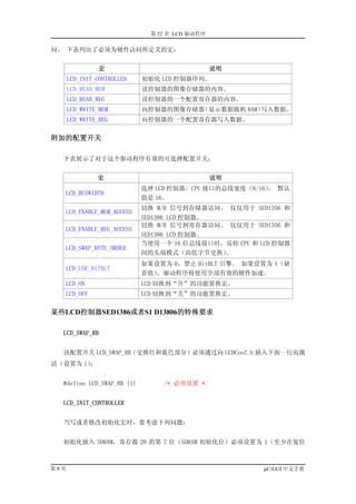 第 22 章 LCD 驱动程序

问。 下表列出了必须为硬件访问所定义的宏：


                宏                               说明
      LCD_INIT_CONTROLLER   初始化 LCD 控制器序列。
      LCD_READ_MEM          读控制器的图像存储器的内容。
      LCD_READ_REG          读控制器的一个配置寄存器的内容。
      LCD_WRITE_MEM         向控制器的图像存储器（显示数据随机 RAM）写入数据。
      LCD_WRITE_REG         向控制器的一个配置寄存器写入数据。

附加的配置开关

  下表展示了对于这个驱动程序有效的可选择配置开关：


               宏                                说明
                            选择 LCD 控制器/ CPU 接口的总线宽度（8/16） 默认
                                                         。
  LCD_BUSWIDTH
                            值是 16。
                            切换 M/R 信号到存储器访问。 仅仅用于 SED1356 和
  LCD_ENABLE_MEM_ACCESS
                            SED1386 LCD 控制器。
                            切换 M/R 信号到寄存器访问。 仅仅用于 SED1356 和
  LCD_ENABLE_REG_ACCESS
                            SED1386 LCD 控制器。
                            当使用一个 16 位总线接口时，反转 CPU 和 LCD 控制器
  LCD_SWAP_BYTE_ORDER
                            间的头端模式（高低字节交换）   。
                            如果设置为 0，禁止 BitBLT 引擎。 如果设置为 1（缺
  LCD_USE_BITBLT
                            省值），驱动程序将使用全部有效的硬件加速。
  LCD_ON                    LCD 切换到“开”的功能置换宏。
  LCD_OFF                   LCD 切换到“关”的功能置换宏。

某些LCD控制器SED1386或者S1 D13806的特殊要求

  LCD_SWAP_RB


  该配置开关 LCD_SWAP_RB（交换红和蓝色部分）必须通过向 LCDConf.h 插入下面一行而激
活（设置为 1）：


  #define LCD_SWAP_RB (1)        /* 必须设置 */


  LCD_INIT_CONTROLLER


  当写或者修改初始化宏时，要考虑下列问题：


  初始化嵌入 SDRAM，寄存器 20 的第 7 位（SDRAM 初始化位）必须设置为 1（至少在复位



第8页                                                   µC/GUI 中文手册
 