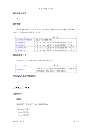 第 22 章 LCD 驱动程序


附加的驱动函数

   无。


硬件配置

   这个驱动程序使用一个如第 20 章“低层配置”所描述的简单总路线接口访问硬件。 下
表列出了必须为硬件访问所定义的宏：


              宏                             说   明
  LCD_INIT_CONTROLLER   初始化 LCD 控制器序列。
  LCD_READ_A0           A 线（A-line）为低电平时从 LCD 控制器读一个字节。
  LCD_READ_A1           A 线（A-line）为高电平时从 LCD 控制器读一个字节。
  LCD_WRITE_A0          A 线（A-line）为低电平时向 LCD 控制器写入一个字节。
  LCD_WRITE_A1          A 线（A-line）为高电平时向 LCD 控制器写入一个字节。

附加的配置开关

   下表展示了对于这个驱动程序有效的可选择配置开关：


              宏                             说   明
                        当设置为 0 时，没有使用显示数据高速缓存，会降低驱动
  LCD_CACHE
                        程序的速度。 默认值是 1（高速缓存激活）。


某些LCD控制器的特殊要求

   无。


22.6 LCD15XX

支持的硬件

   控制器


   该驱动程序已经通过下列 LCD 控制器的测试：


   ·Samsung KS0713
   ·Epson SED1560
   ·Epson SED1565


µC/GUI 中文手册                                               第 13 页
 